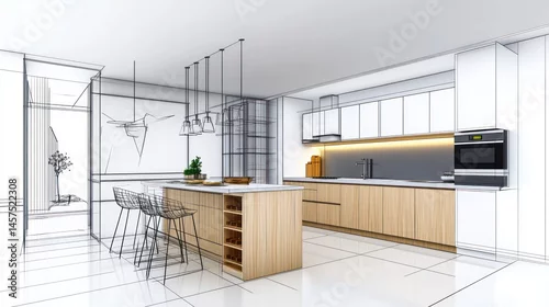 Fototapeta na wymiar Modern kitchen design architectural sketch light wood central island