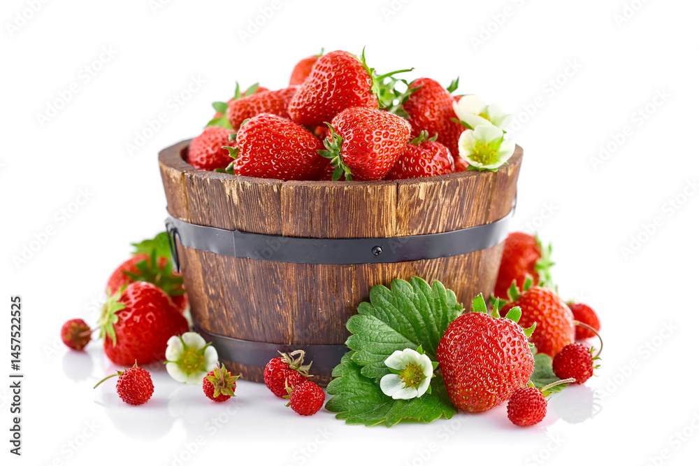 Fresh red strawberries with green leaves and flowers in the rustic wooden bucket bowl. Natural organic berries harvest isolated on white background.