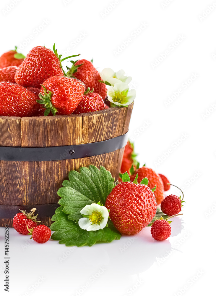 Fresh red strawberries with green leaves and flowers in the rustic wooden bucket bowl. Natural organic berries harvest isolated on white background.