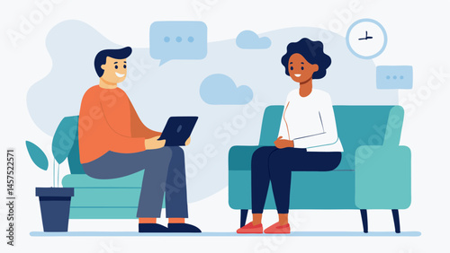 Attending Therapy A comforting setting depicting a person talking to a the with a focus on conversation symbolizing the value of professional support in overcoming social anxiety.