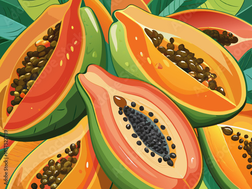 vector of A close-up of fresh papaya slices highlights their juicy texture and pinkish-orange color. Ideal for healthy meals, fruit salads, or tropical concepts. Texture,...