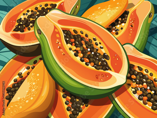 vector of A close-up of fresh papaya slices highlights their juicy texture and pinkish-orange color. Ideal for healthy meals, fruit salads, or tropical concepts. Texture,...