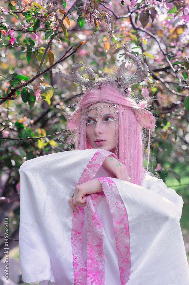 Deer dryad girl against the background of a blooming pink apple tree