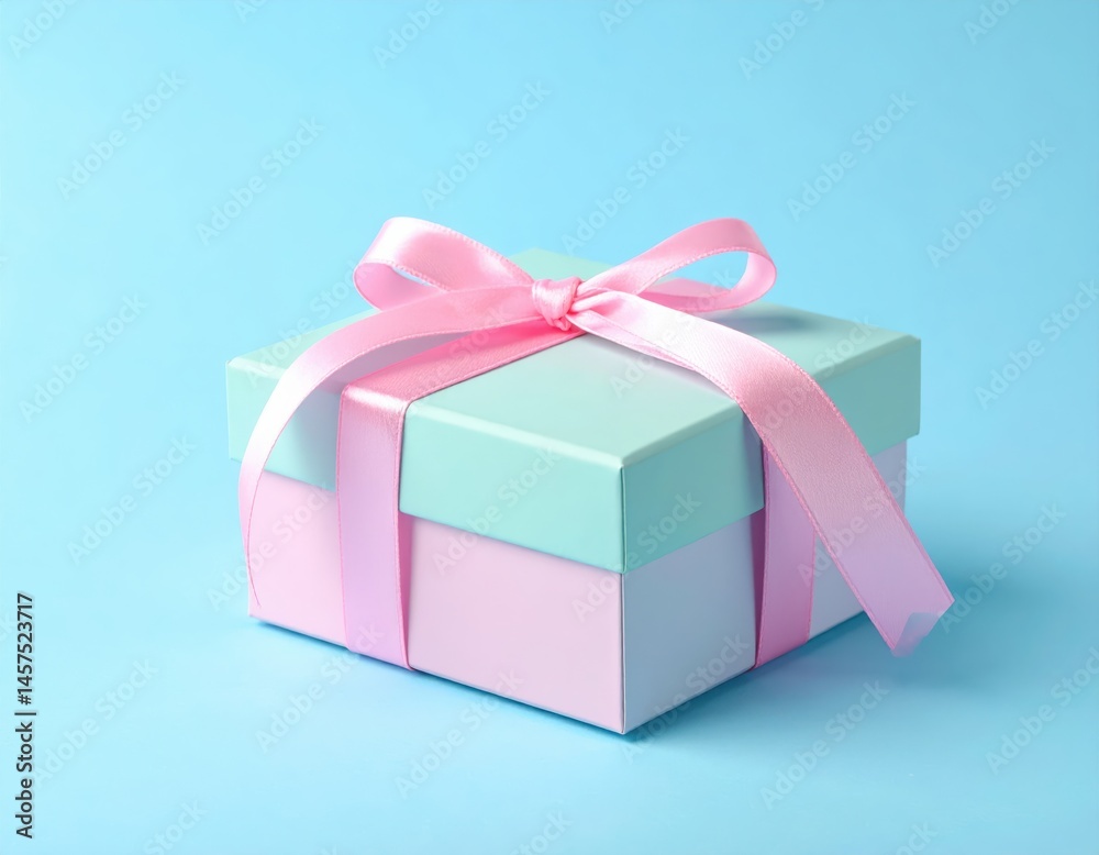 Fototapeta premium A pastel teal gift box tied with a pink ribbon rests on a bright blue surface, evoking a joyful and celebratory mood.