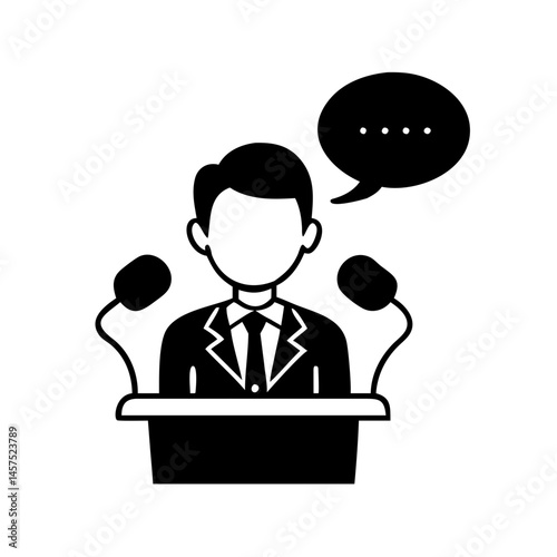 Formal Speaker at Podium Giving a Presentation with Microphones and Speech Bubble