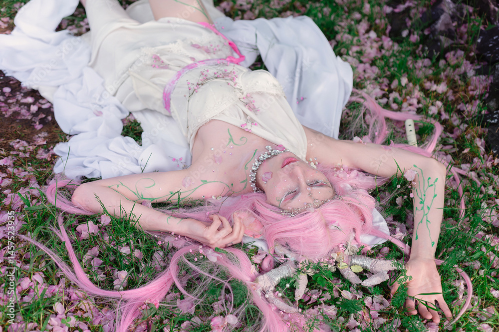 Deer dryad girl against the background of a blooming pink apple tree