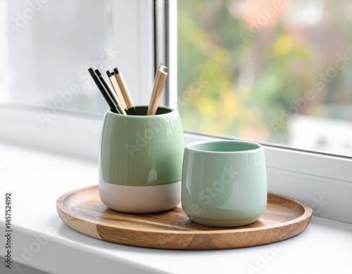 Stylized ceramic pencil holders in mint and beige hues rest on a wooden tray near a sunlit window, conveying a sense of calm creativity.