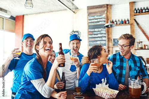 Canvas Print Sports, fans and happy people in pub with beer, snacks and celebration of world cup together