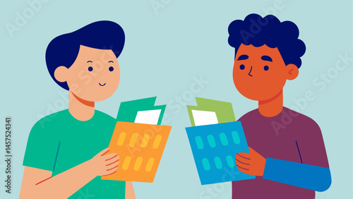 Comparing Prices Two friends comparing two different supermarket flyers one looks worried while the other points at promotions in an attempt to help illustrating the search for