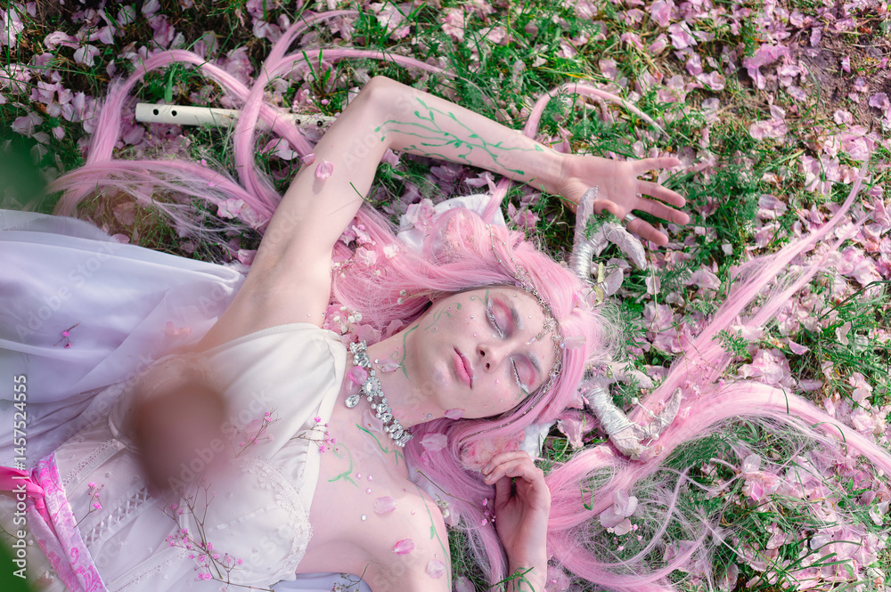 Deer dryad girl against the background of a blooming pink apple tree