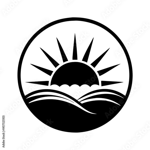 Monochrome stylized sun rising over the ocean, simple circle frame art