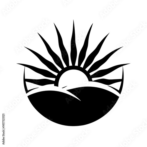 Graphic illustration of a sunrise or sunset over undulating land in black