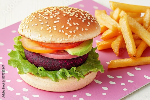 A savory beet burger piled with fresh lettuce, tomato, onion, and avocado, topped with cheese, served with a side of golden fries on a patterned plate.