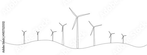 Windmill, wind energy, the only one in one continuous line. Wind alternative energy.  Hilly terrain with generating wind turbines. Vector line illustration.