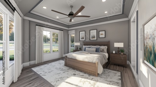 Clean and airy bedroom with soft gray walls  natural wood accents  and linen bedding