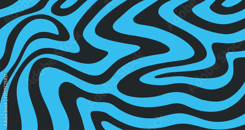 Abstract horizontal background with black and blue waves. Fashionable vector illustration in retro psychedelic style