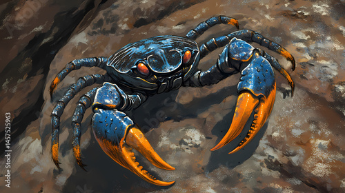 Blue and black crab with bright orange claws stands on a mottled brown and grey rock surface. [Neon Beasts] | Glimmer Talons | bright claws. Illustration