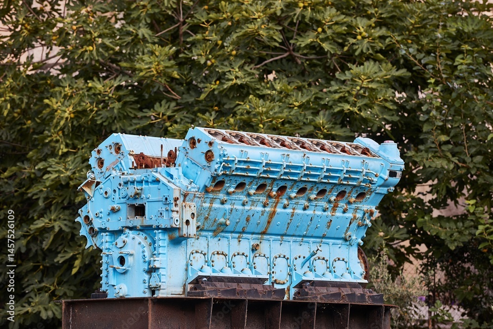 Big rusty V16 diesel ship engine block