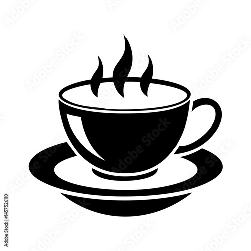 A steaming cup of coffee on a saucer, in black and white