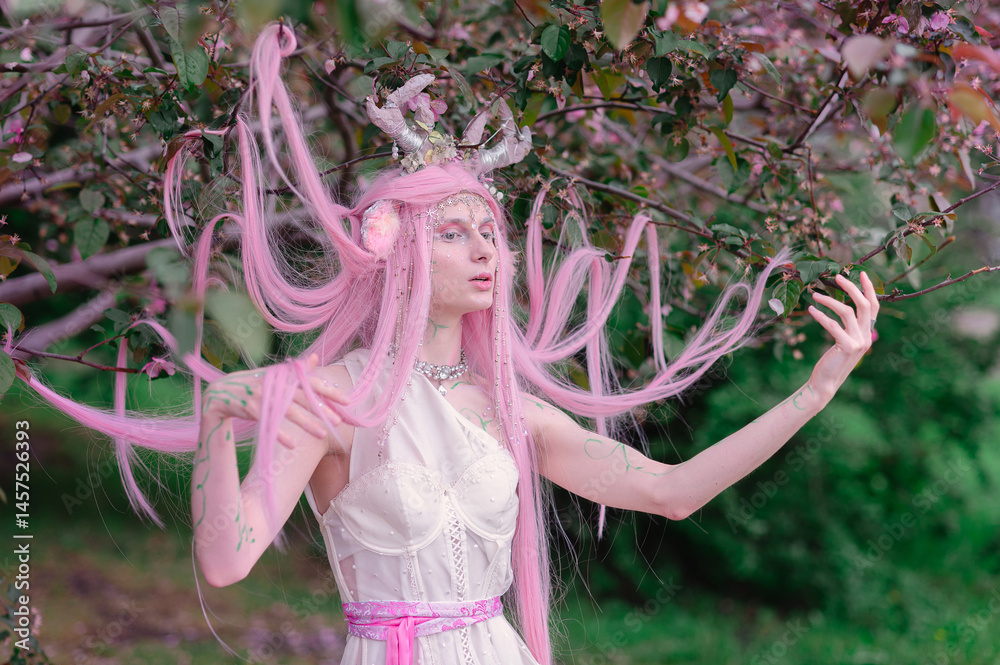 Deer dryad girl against the background of a blooming pink apple tree