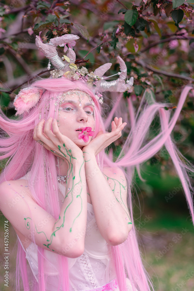 Deer dryad girl against the background of a blooming pink apple tree