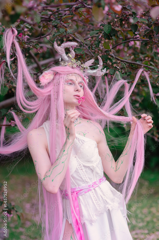 Deer dryad girl against the background of a blooming pink apple tree