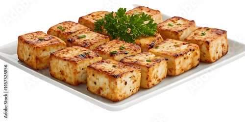 Delicious grilled paneer cubes served on a platter against a black background