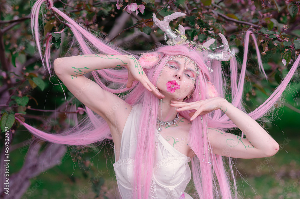 Deer dryad girl against the background of a blooming pink apple tree