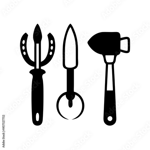 Graphic illustration of a horseshoe stake, weeding knife, and roofing hammer