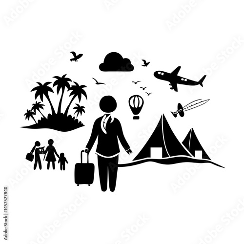 Black and white icons representing the various modes of travel destinations