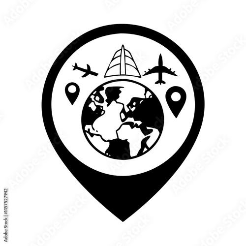 World travel and tourism location icon with earth and airplanes graphic