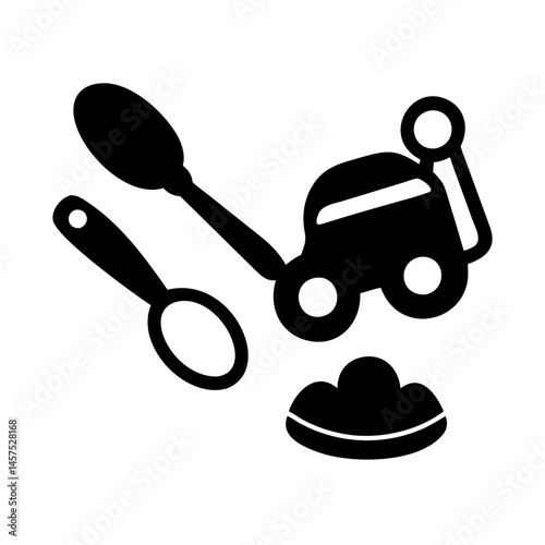 Black silhouette of spoons, a toy car, and a sand hill together