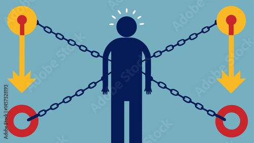 Chained to Worry A figure holding chains attached to large worry symbols like Whatifs and ‘Couldhavebeens indicating how chronic worry can feel limiting and imprisoning.