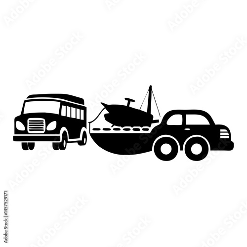 Cartoon Transportation Icons Depicting a Bus, Car, and Boat on a Trailer