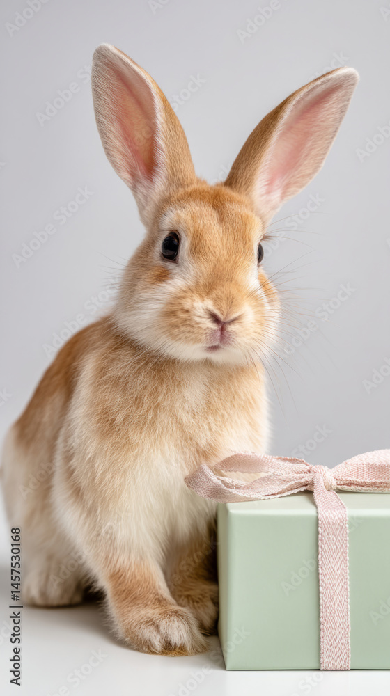 Fototapeta premium Adorable rabbit with gift ribbon around neck sitting beside present for holiday celebration