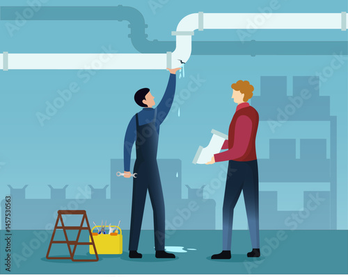 Plumbers repairing a leaking pipe, Plumber inspecting and repairing a damaged pipe, Fixing a faulty pipe to prevent water loss