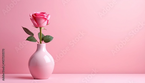 A pink ceramic vase holds a single rose against a soft pink backdrop, evoking a romantic and delicate Valentine's Day feel.