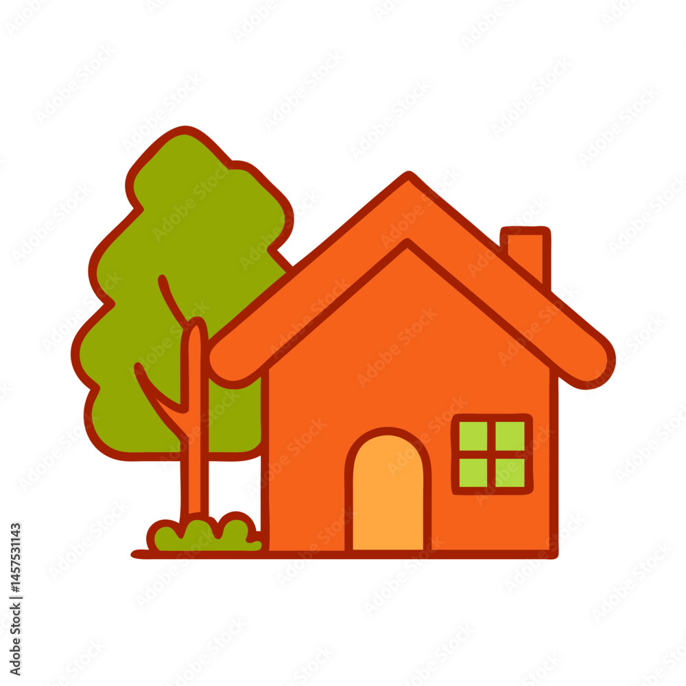 Orange house with tree and bush Orange house with tree and bush