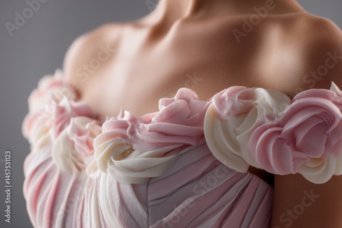 Wallpaper Mural Close-up view of a woman wearing a soft pink dress with a floral off-shoulder design. Torontodigital.ca