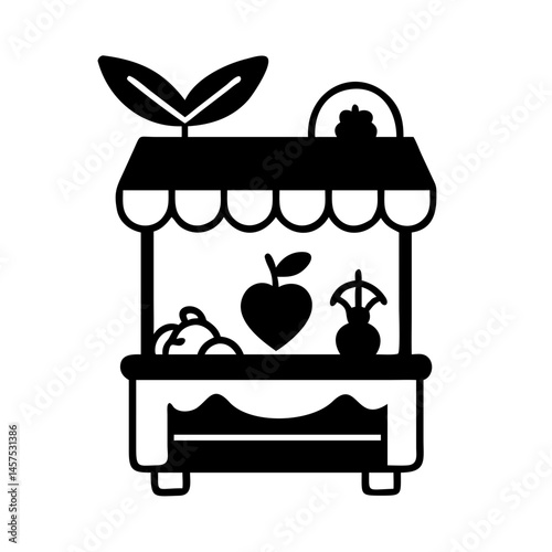 Simple black and white vector illustration of a farmer's market stand