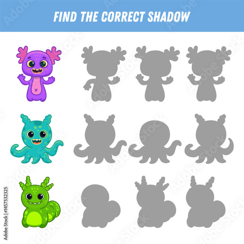 Find correct shadow of cute monsters. Educational logical game for kids. Halloween game. Cartoon monsters. Vector