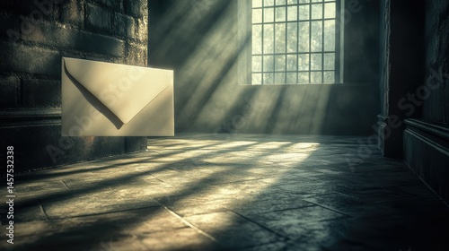 An antique, dimly lit room with a single,  illuminated window, casting rays of light on a suspended letter