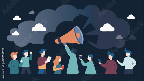 Consequences of Popularity A megaphone surrounded by followers eagerly watching their phones with dark clouds overhead representing the looming dangers of viral challenges.