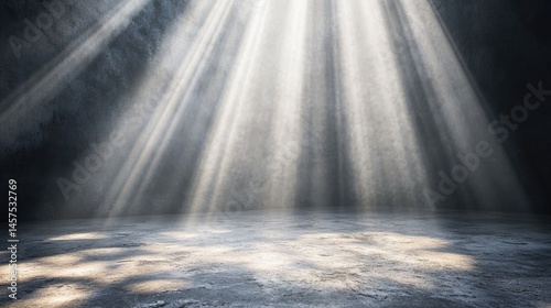 Rays Of Light Illuminating An Empty Concrete Room. Dark Backdrop For Product Placement, Studio Or Artistic Creation.