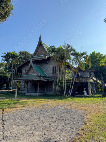 Bangkok Elephant Care Sanctuary buildings with a lake and lotus flowers, beautiful tropical space for protection of exotic animals. Thailand wildlife sanctuary, conservation center for elephants.