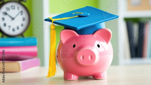 Piggy bank with graduation cap education savings