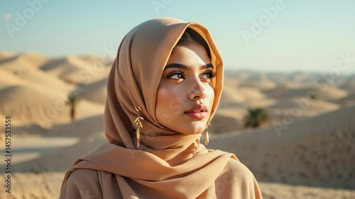 A portrait of a serene woman wearing a hijab in a desert landscape, her gaze reflecting contemplation and peace