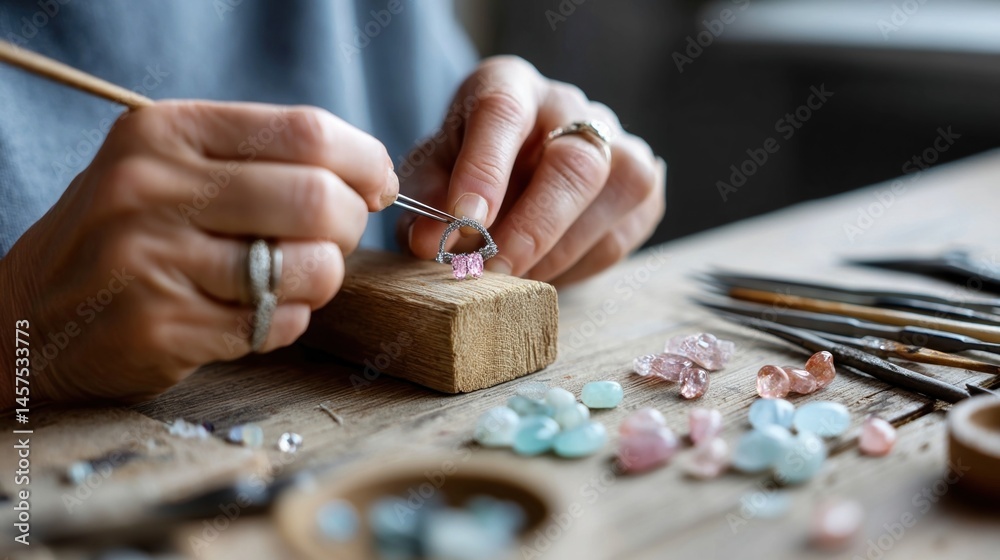 A jewelry maker carefully setting gemstones into a delicate ring with magnifying tools and colorful gemstones tered around.