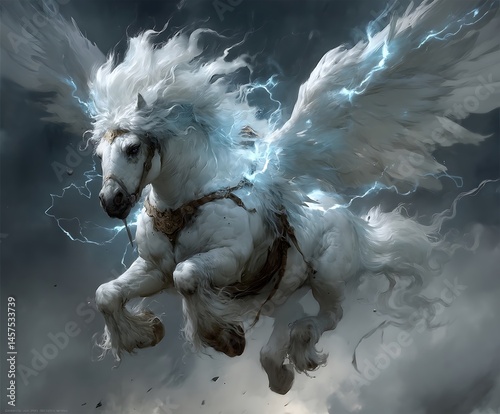 Winged quadruped with harness and mane. Energy radiates from the wings.