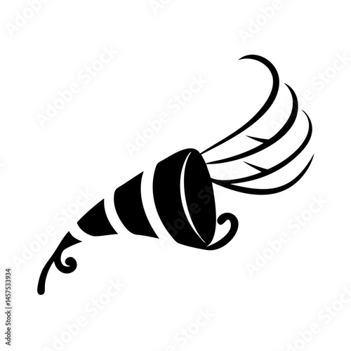 Stylized black and white illustration of party horn blower with streamers